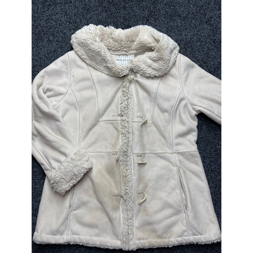 White Stag Girls Bone Faux Suede Toggle Coat Faux Fur Lined Jacket Size L 12/14